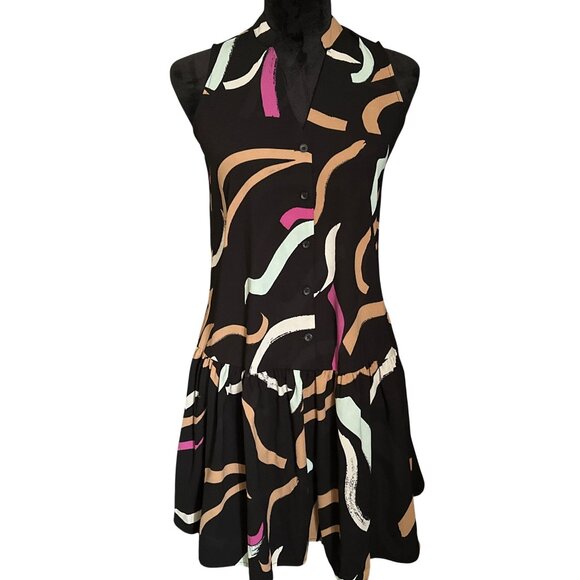 Nine West XS Black & Multicolor Abstract Print Sleeveless Button-Down Drop-Waist - Picture 1 of 4